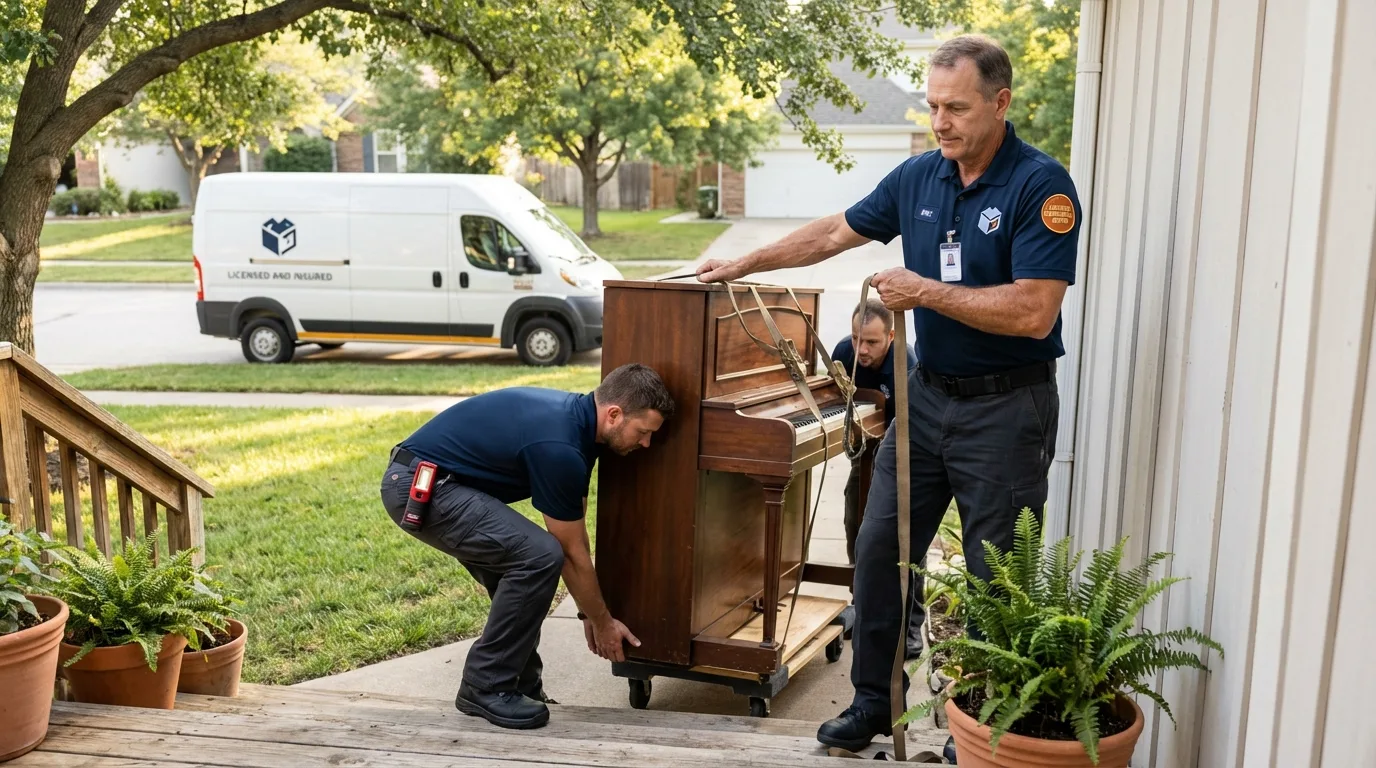 Licensed piano movers securing grand piano in Sewickley, PA