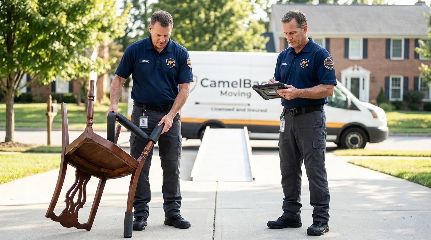 Movers inspecting furniture for damage prevention before loading in Sewickley, PA