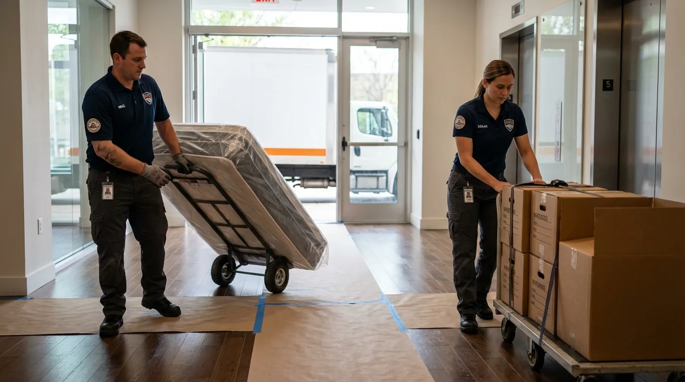 Professional apartment movers loading elevator in Sewickley, PA
